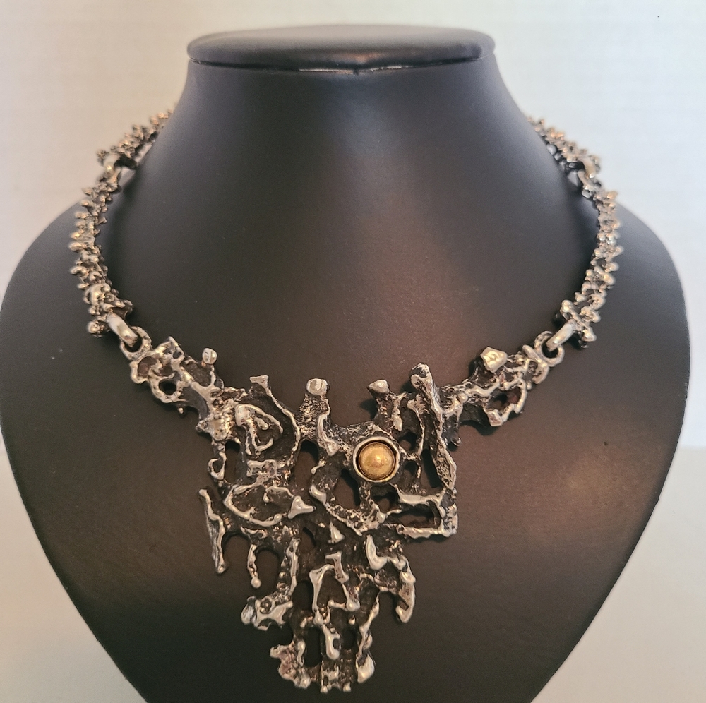 Robert Larin Vintage 1970s Modernist Brutalist Pewter Bib Necklace Signed